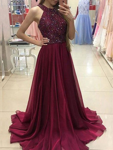 Sexy Prom Dresses Rhinestone Halter Burgundy Long Prom Dress/Evening Dress JKL128