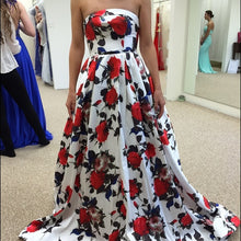 Floral Print Prom Dresses Strapless Aline Sweep Train Long White Prom Dress JKL1291|Annapromdress