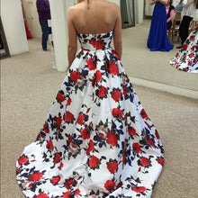 Floral Print Prom Dresses Strapless Aline Sweep Train Long White Prom Dress JKL1291|Annapromdress