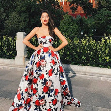 Floral Print Prom Dresses Strapless Aline Sweep Train Long White Prom Dress JKL1291|Annapromdress