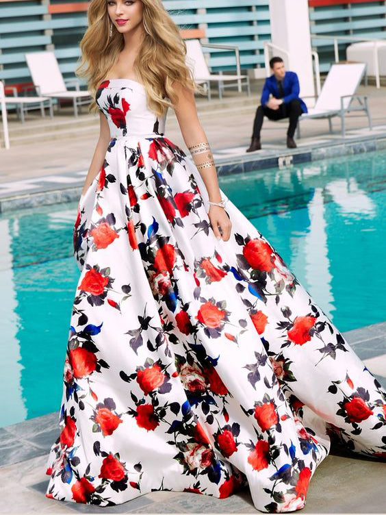 red and white floral prom dress White Strapless Ball Gown Red Floral Quinceanera Dresses FD3533 Viniodress
