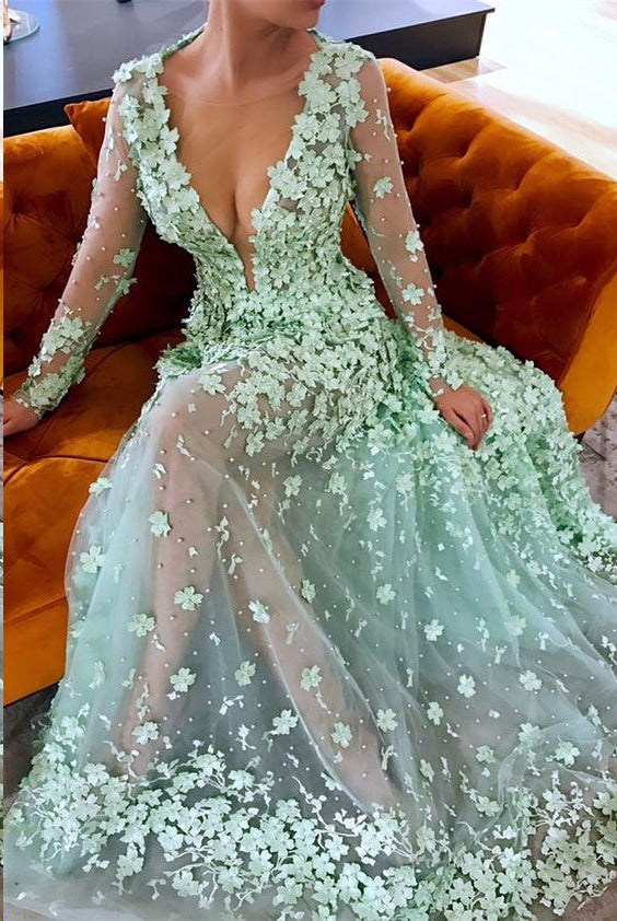 Beautiful Prom Dresses A-line Floral Lace Sage See Through Long Chic P Anna PromDress Beautiful Prom Dresses A-line Floral Lace Sage See Through Long Chic P Anna PromDress