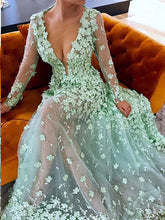Beautiful Prom Dresses A-line Floral Lace Sage See Through Long Chic Prom Dress JKL1292|Annapromdress