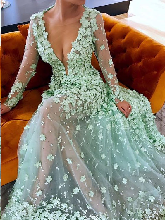 green emerald velvet dress Boho Green Lace Corset Tea Length Prom Dress with Long Sleeves main image 1