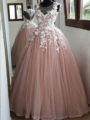 Chic Prom Dresses Scoop Ball Gown Blush Pink Lace Prom Dress Long Evening Dress JKL1293|Annapromdress