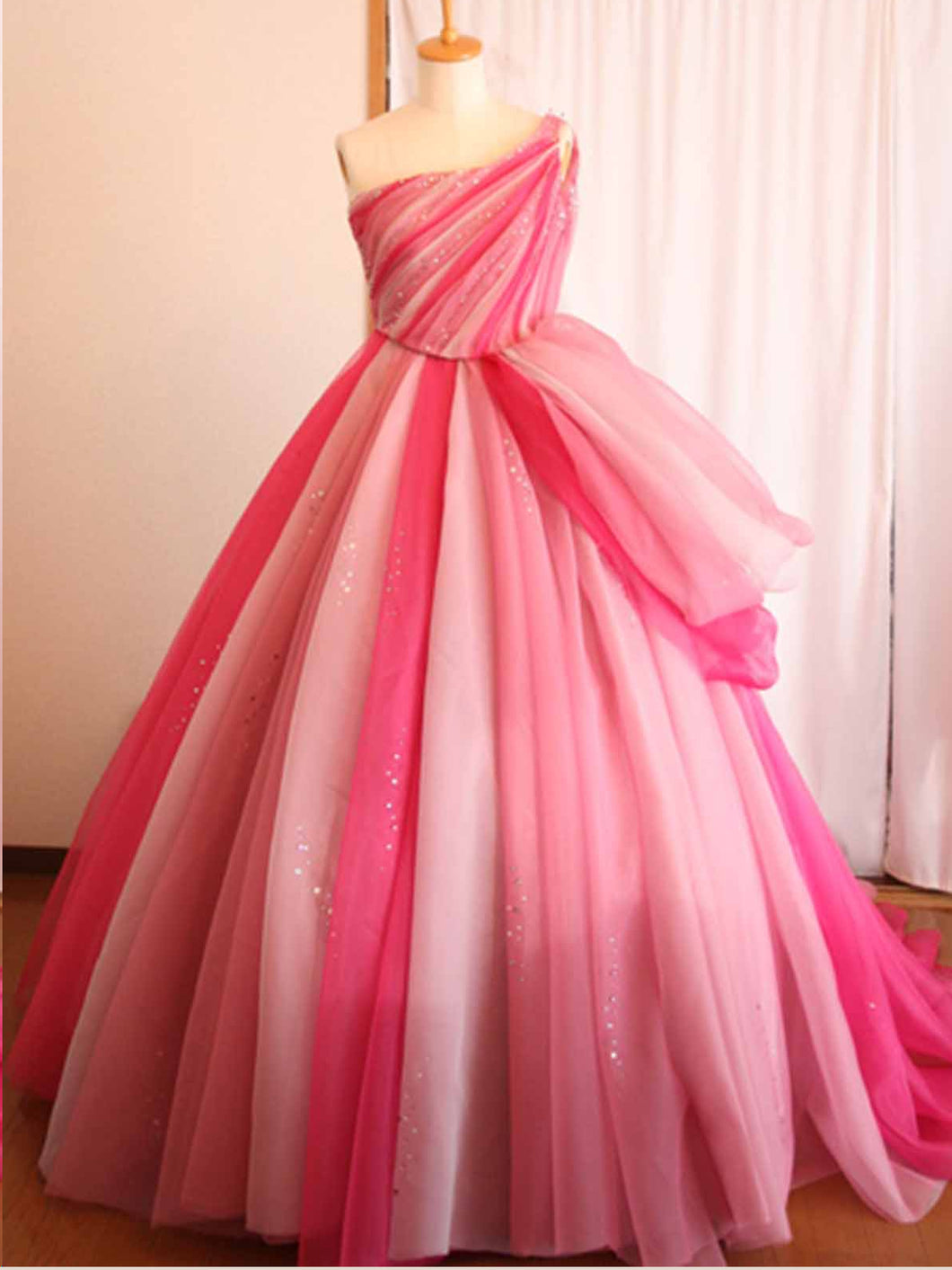 One Shoulder Prom Dresses Ball Gown Sweep Train Pink Chic Long Prom Dress JKL1294|Annapromdress