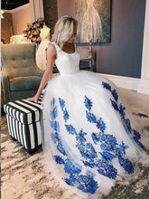 Simple Prom Dresses with Straps Aline Royal Blue Appliques Long White Prom Dress JKL1298|Annapromdress