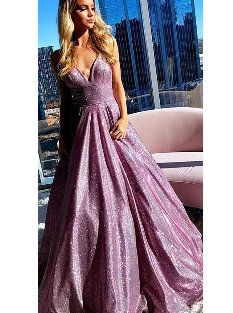 Sexy V-Neck Spaghetti Straps A-Line Glitter Jersey Maxi Formal Evening Dresses For Women