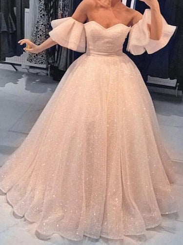 Sparkly Prom Dresses Aline Off-the-shoulder Short Sleeve Chic Long Lace Prom Dress JKL1301|Annapromdress