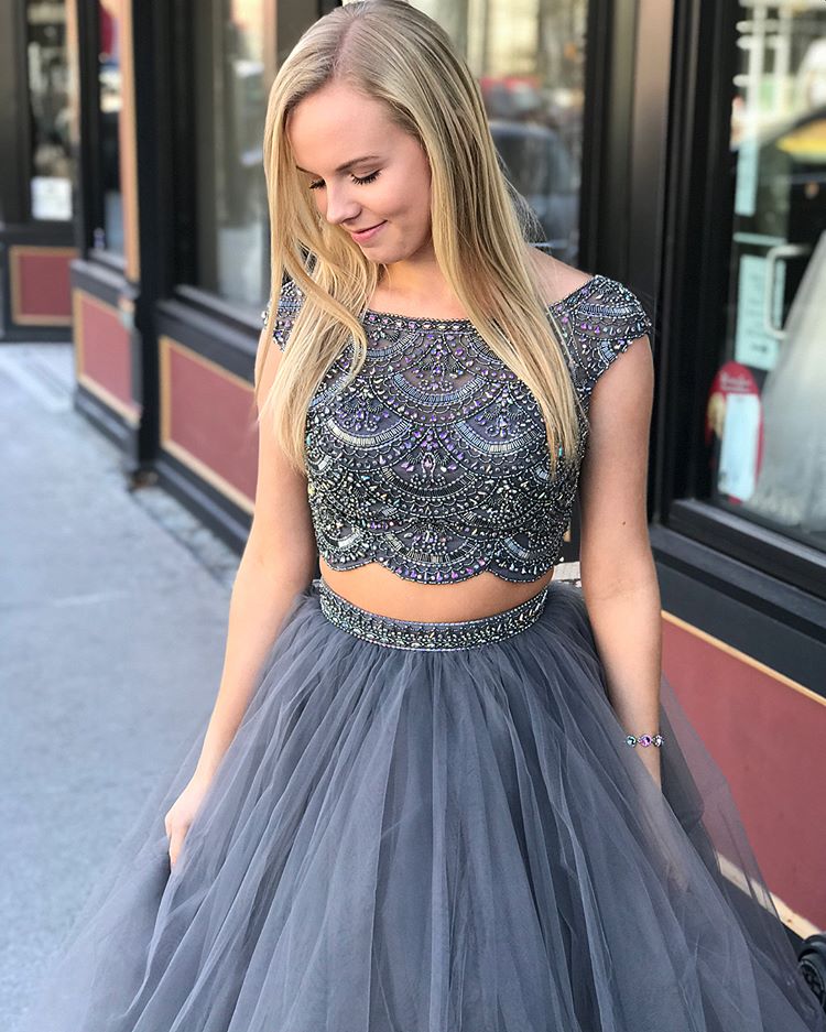silver two piece homecoming dress Silver Gray Beaded Lace and Velvet Two-piece Prom Dress