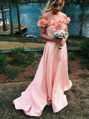 Simple Prom Dresses Aline Off-the-shoulder Hand-Made Flower Chic Long Pink Prom Dress JKL1303|Annapromdress