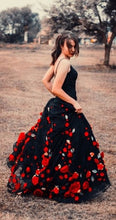 Black Prom Dresses Spaghetti Straps Red Flowers Long Prom Dress Sexy Evening Dress JKL1306|Annapromdress