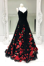 Black Prom Dresses Spaghetti Straps Red Flowers Long Prom Dress Sexy Evening Dress JKL1306|Annapromdress