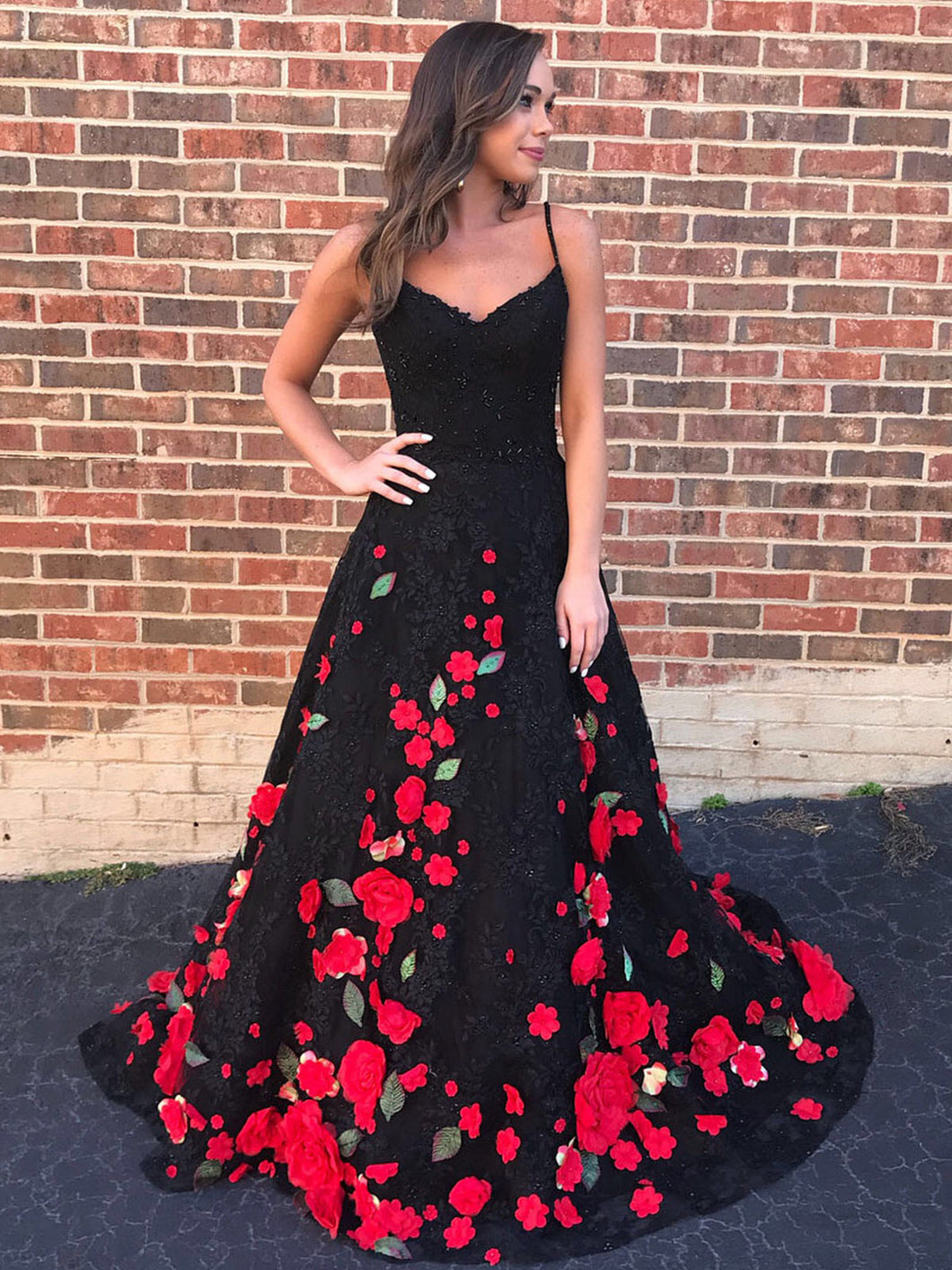 Black Prom Dresses Spaghetti Straps Red Flowers Long Prom Dress Sexy E
