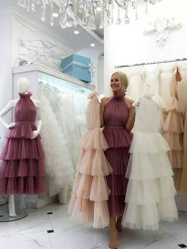 Cheap Prom Dresses Aline Tea-length Chic Long Blush Pink Simple Prom Dress JKL1310|Annapromdress