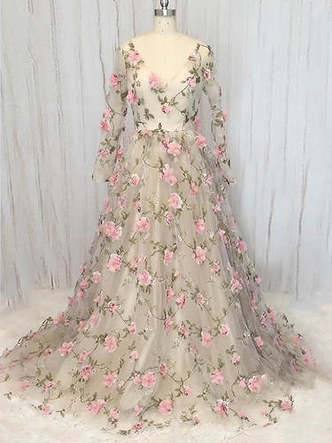 Long Sleeve Prom Dresses V-neck A-line Floral Lace Prom Dress Long Evening Dress JKL1314|Annapromdress