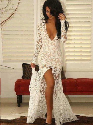Long Sleeve Prom Dresses with Slit Deep V Lace Prom Dress Sexy Evening Dress JKL1315|Annapromdress