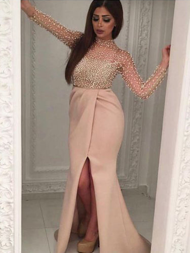 Long Sleeve Prom Dresses High Neck Trumpet Mermaid Long Beading Sparkly Prom Dress JKL1317|Annapromdress