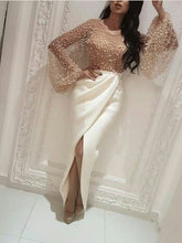 Long Sleeve Prom Dresses with Slit Scoop Sheath Beading Prom Dress Sexy Evening Dress JKL1318|Annapromdress