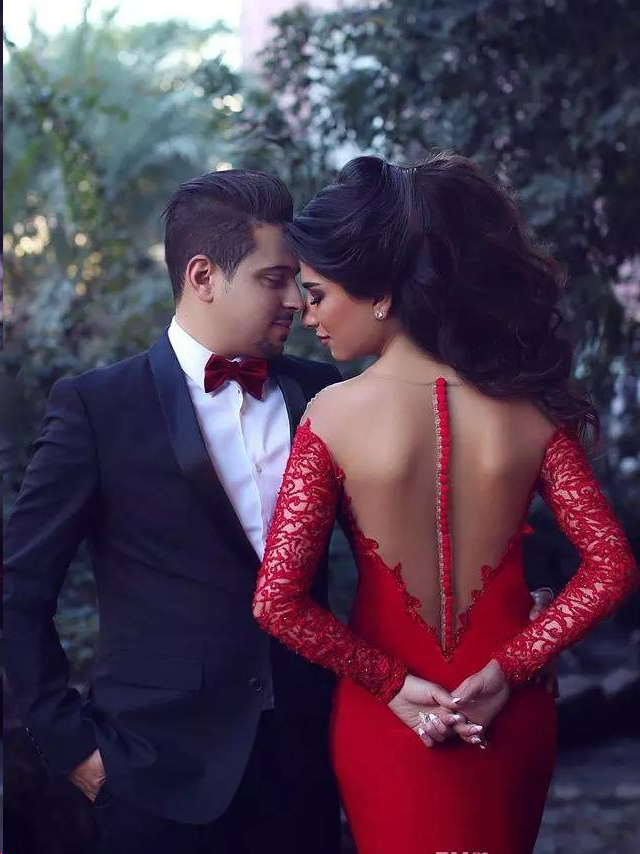 Long Sleeve Prom Dresses Trumpet Mermaid Short Train Long Lace Red Pro Anna PromDress