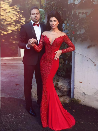 Long Sleeve Prom Dresses Trumpet Mermaid Short Train Long Lace Red Prom Dress JKL1319|Annapromdress