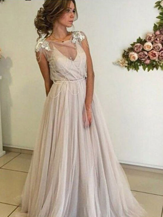 Open Back Prom Dresses A-line Short Train Long Tulle Chic Backless Prom Dress JKL1327|Annapromdress