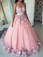 Ball Gown Prom Dresses Sweetheart Sweep Train Chic Long Lace Pink Prom Dress JKL1329|Annapromdress