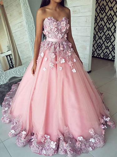 Ball Gown Prom Dresses Sweetheart Sweep Train Chic Long Lace Pink Prom Dress JKL1329|Annapromdress