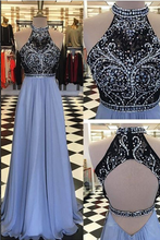 Open Back Prom Dresses High Neck Aline Black Lace Rhinestone Lavender Sparkly Prom Dress JKL1333|Annapromdress