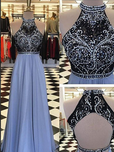 Open Back Prom Dresses High Neck Aline Black Lace Rhinestone Lavender Sparkly Prom Dress JKL1333|Annapromdress