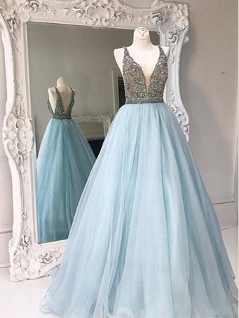 Sparkly Prom Dresses with Straps A-line Deeep V Long Prom Dress Backless Evening Dress JKL1335|Annapromdress
