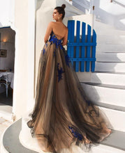 Chic Prom Dresses Sweetheart Aline Sweep Train Long Black Royal Blue Prom Dress JKL1336|Annapromdress