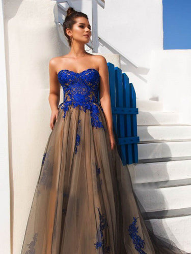 Chic Prom Dresses Sweetheart Aline Sweep Train Long Black Royal Blue Prom Dress JKL1336|Annapromdress