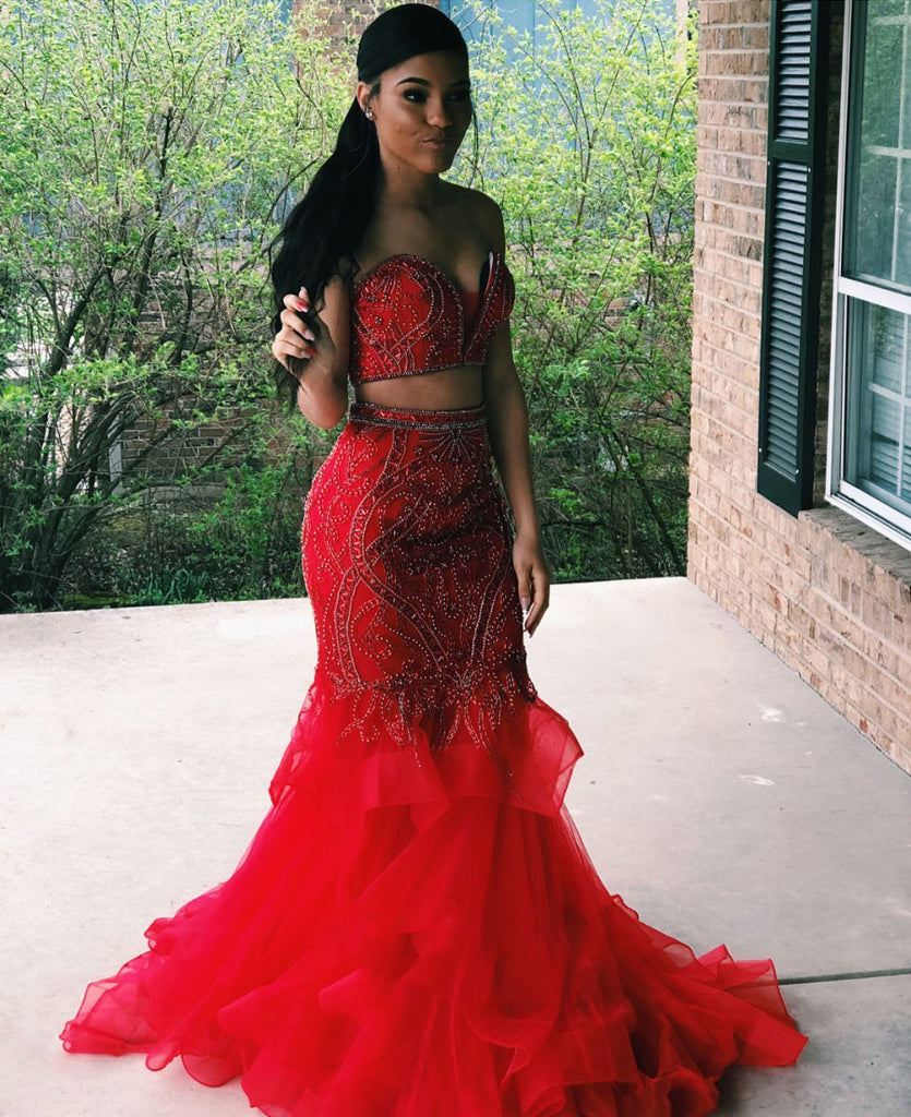 Two Piece Prom Dresses Mermaid Brush Train Beading Prom Dress Red Even ...