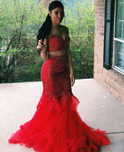 Two Piece Prom Dresses Mermaid Brush Train Beading Prom Dress Red Evening Dress JKL1338|Annapromdress