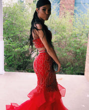 Two Piece Prom Dresses Mermaid Brush Train Beading Prom Dress Red Evening Dress JKL1338|Annapromdress