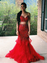 Two Piece Prom Dresses Mermaid Brush Train Beading Prom Dress Red Evening Dress JKL1338|Annapromdress