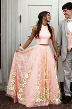 Two Piece Prom Dresses High Neck Aline Floral Lace Orange Long Chic Prom Dress JKL1340|Annapromdress