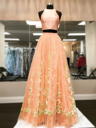 Two Piece Prom Dresses High Neck Aline Floral Lace Orange Long Chic Prom Dress JKL1340|Annapromdress