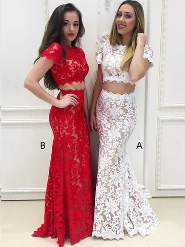 Two Piece Prom Dresses Mermaid Long White Lace Prom Dress Red Evening Dress JKL1345|Annapromdress