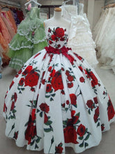 Ball Gown Prom Dresses Strapless Rose Floral Print Red and White Long Prom Dress JKL1350|Annapromdress