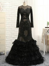 Long Sleeve Prom Dresses Mermaid Plume Long Black Prom Dress Sexy Evening Dress JKL1356|Annapromdress