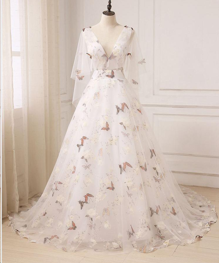 Lace Prom Dresses V-neck Half Sleeve A Line Butterfly Prom Dress Long Anna PromDress Lace Prom Dresses V-neck Half Sleeve A Line Butterfly Prom Dress Long Anna PromDress