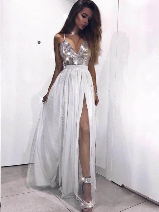 Simple Prom Dresses with Slit V Neck Aline Long Sparkly Open Back Prom Dress JKL1360|Annapromdress