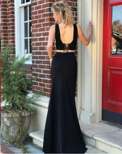 Two Piece Prom Dresses Deep V Sheath Long Open Back Simple Cheap Black Prom Dress JKL1365|Annapromdress