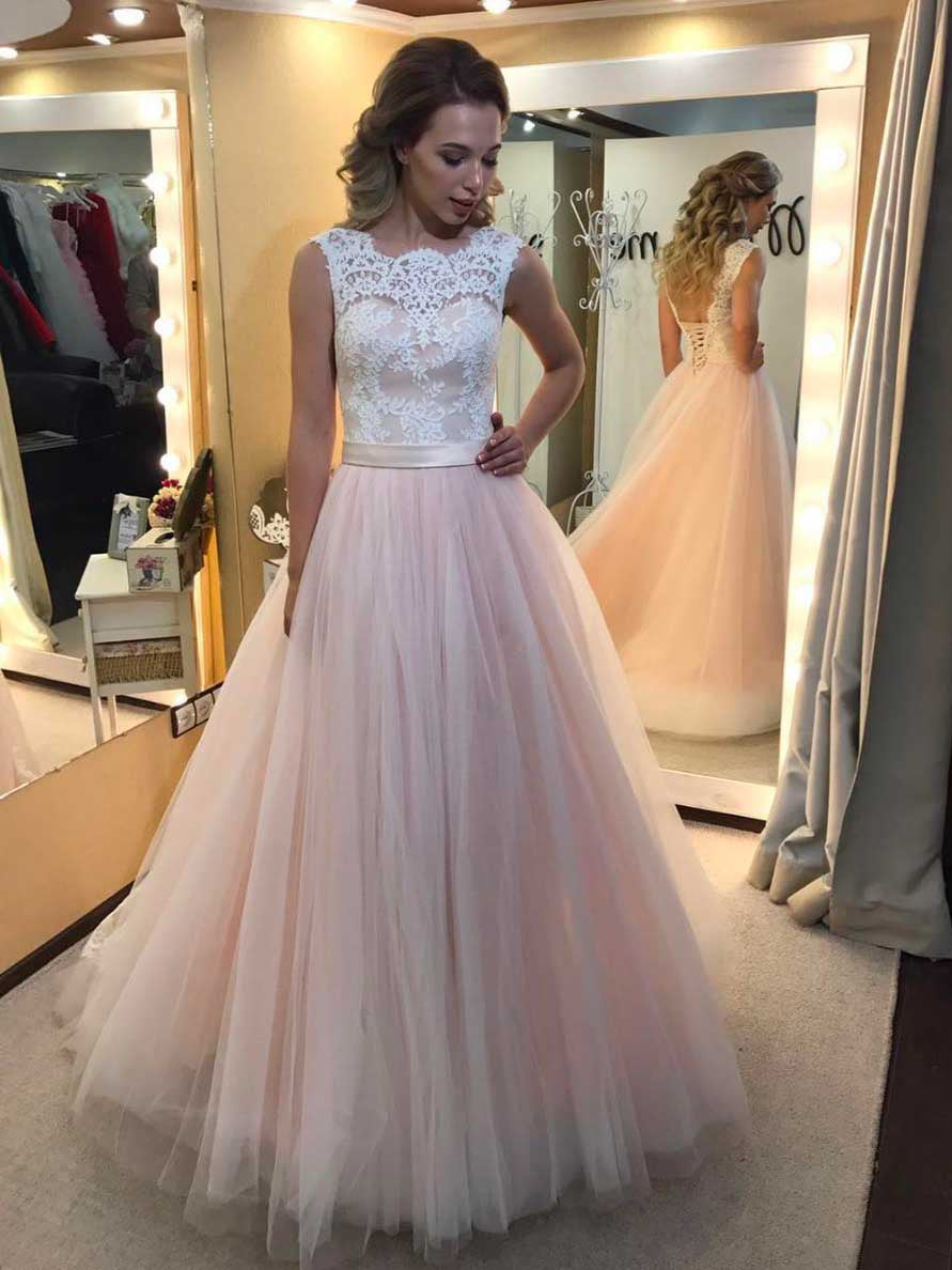 Pearl Pink Prom Dresses A-line Sweep/Brush Train Tulle Prom Dress/Evening Dress JKL136