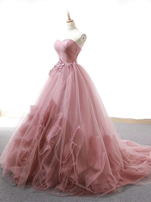 open lace back dress Ball Gown Prom Dresses Sweetheart Sweep Train Dusty Pink Long Fairy Pr –  Anna PromDress