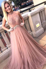 High Neck Prom Dresses A-line Long Tulle Brown Prom Dress Sexy Evening Dress JKL1375|Annapromdress
