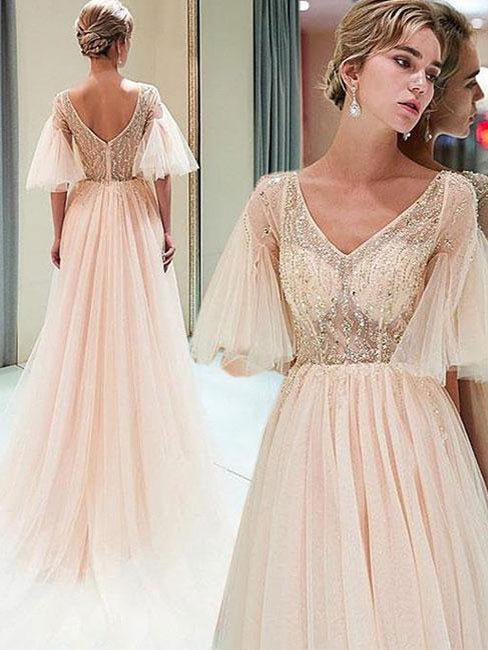 Half Sleeve Prom Dresses V-neck A Line Beading Prom Dress Long Evening Dress JKL1378|Annapromdress