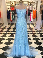 Open Back Prom Dresses Spaghetti Straps Sweep Train Long Mermaid Blue Prom Dress JKL1380|Annapromdress